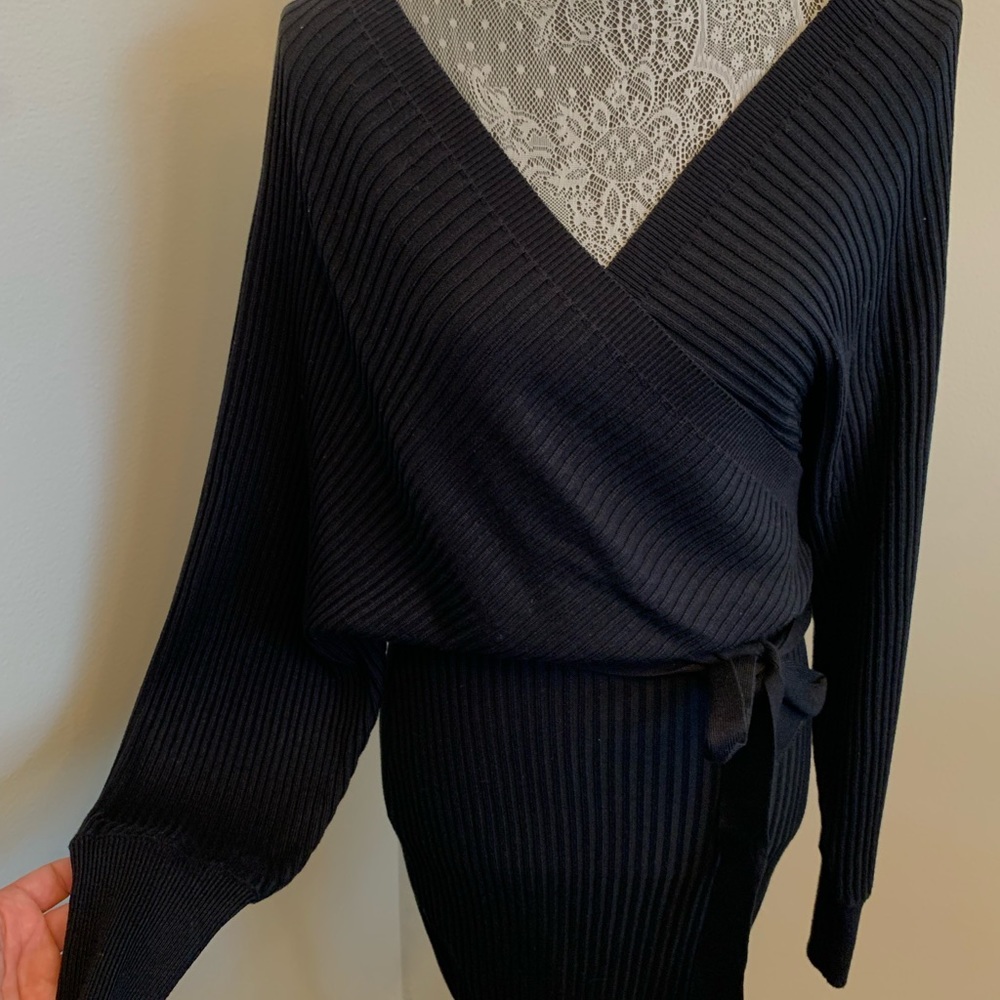 Black faux wrap sweater dress